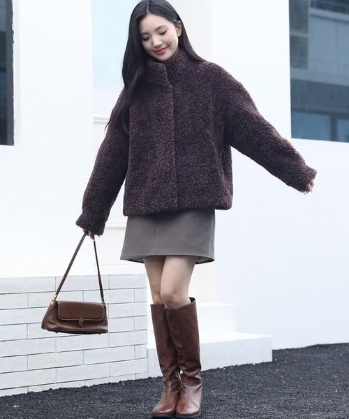 セール】スタンドカラー コンパクト ボア ファー ジャケット（ブルゾン