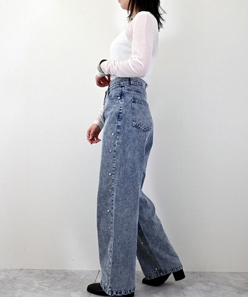 STYLEBLOCK（スタイルブロック）の「デニムパールスタッズストレートパンツ（デニムパンツ・レディース・ライトブルー/ネイビー/ブラック・S/M）」の6枚目の写真