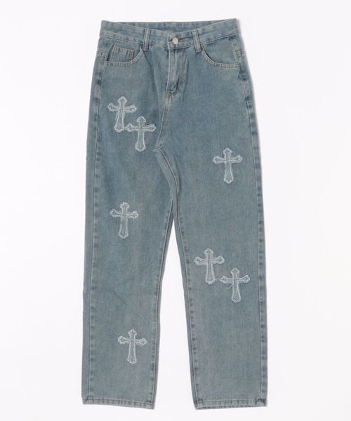 NO WAY(ノーウェイ)の「/アップリケデニムパンツ/(デニムパンツ・メンズ・ブルー/ブラック・LARGE/MEDIUM)」の1枚目の写真