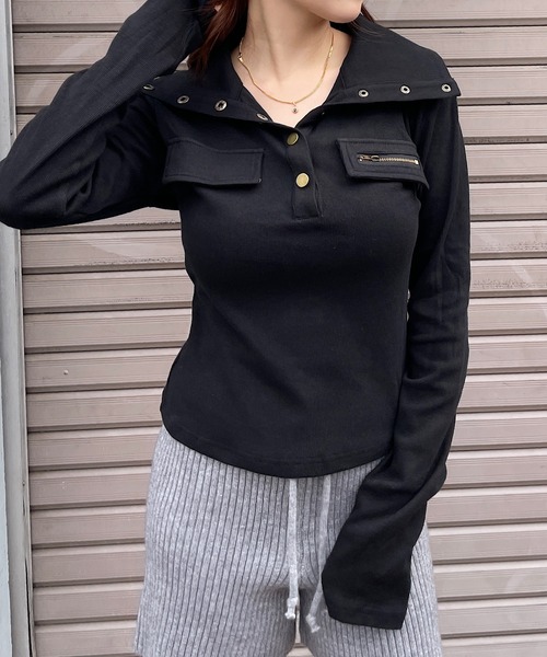 ROGER AND RAW(ロジャーアンドロウ)の「襟付きヘンリーネックリブトップス(Tシャツ/カットソー・レディース・ブラック/ホワイト/カーキ・FREE)」の2枚目の写真