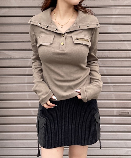 ROGER AND RAW(ロジャーアンドロウ)の「襟付きヘンリーネックリブトップス(Tシャツ/カットソー・レディース・ブラック/ホワイト/カーキ・FREE)」の11枚目の写真