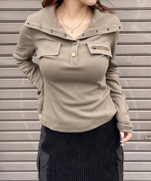 ROGER AND RAW(ロジャーアンドロウ)の「襟付きヘンリーネックリブトップス(Tシャツ/カットソー・レディース・ブラック/ホワイト/カーキ・FREE)」の12枚目の写真