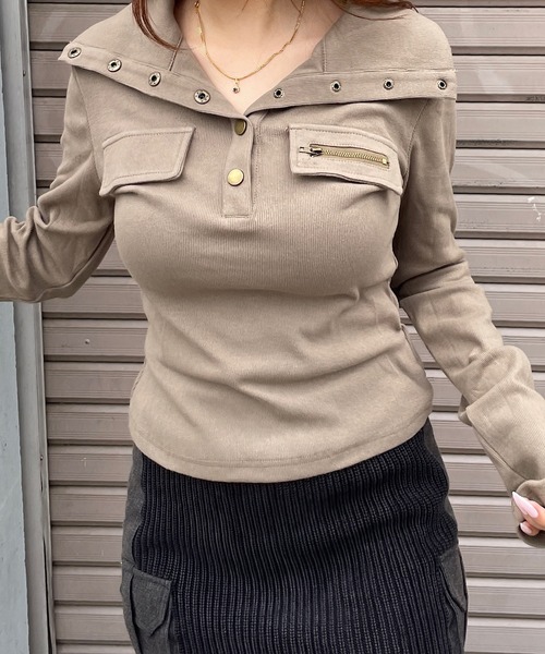 ROGER AND RAW(ロジャーアンドロウ)の「襟付きヘンリーネックリブトップス(Tシャツ/カットソー・レディース・ブラック/ホワイト/カーキ・FREE)」の5枚目の写真