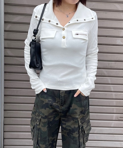 ROGER AND RAW(ロジャーアンドロウ)の「襟付きヘンリーネックリブトップス(Tシャツ/カットソー・レディース・ブラック/ホワイト/カーキ・FREE)」の7枚目の写真