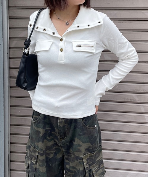 ROGER AND RAW(ロジャーアンドロウ)の「襟付きヘンリーネックリブトップス(Tシャツ/カットソー・レディース・ブラック/ホワイト/カーキ・FREE)」の8枚目の写真