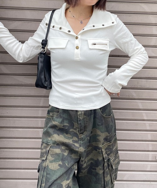 ROGER AND RAW(ロジャーアンドロウ)の「襟付きヘンリーネックリブトップス(Tシャツ/カットソー・レディース・ブラック/ホワイト/カーキ・FREE)」の9枚目の写真