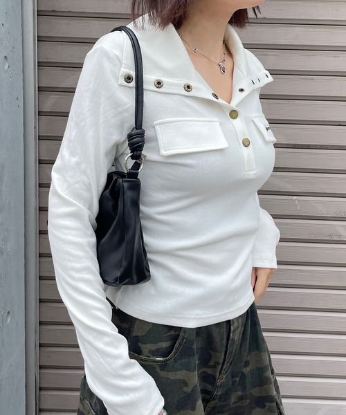 ROGER AND RAW(ロジャーアンドロウ)の「襟付きヘンリーネックリブトップス(Tシャツ/カットソー・レディース・ブラック/ホワイト/カーキ・FREE)」の20枚目の写真