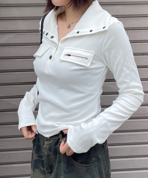ROGER AND RAW(ロジャーアンドロウ)の「襟付きヘンリーネックリブトップス(Tシャツ/カットソー・レディース・ブラック/ホワイト/カーキ・FREE)」の21枚目の写真