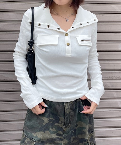 ROGER AND RAW(ロジャーアンドロウ)の「襟付きヘンリーネックリブトップス(Tシャツ/カットソー・レディース・ブラック/ホワイト/カーキ・FREE)」の22枚目の写真