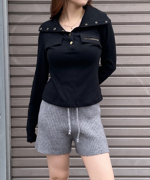 ROGER AND RAW(ロジャーアンドロウ)の「襟付きヘンリーネックリブトップス(Tシャツ/カットソー・レディース・ブラック/ホワイト/カーキ・FREE)」の16枚目の写真