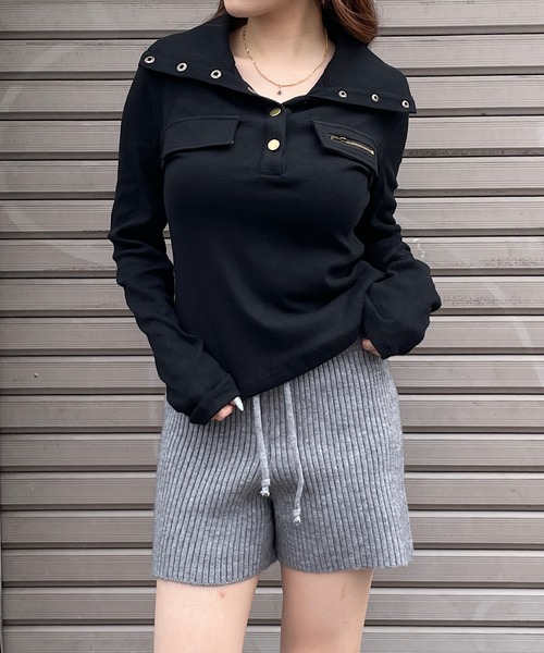ROGER AND RAW(ロジャーアンドロウ)の「襟付きヘンリーネックリブトップス(Tシャツ/カットソー・レディース・ブラック/ホワイト/カーキ・FREE)」の17枚目の写真