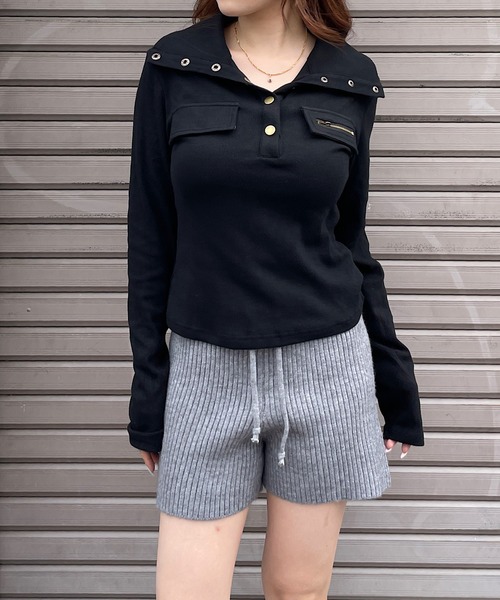 ROGER AND RAW(ロジャーアンドロウ)の「襟付きヘンリーネックリブトップス(Tシャツ/カットソー・レディース・ブラック/ホワイト/カーキ・FREE)」の18枚目の写真