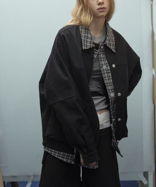 セール】チェックシャツレイヤード風ジャケット（ブルゾン）｜FreeZone