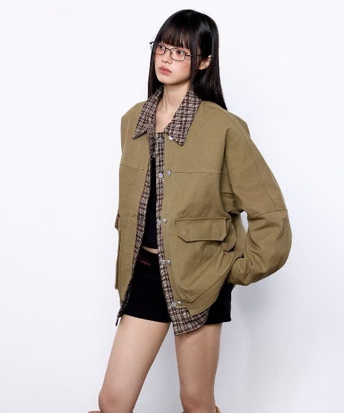セール】チェックシャツレイヤード風ジャケット（ブルゾン）｜FreeZone