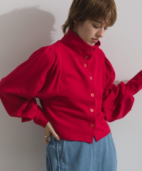 enhaut(アンオート)の「天竺編みスウェッティ パフスリーブ クロップド丈 カーディガン(Tシャツ/カットソー・レディース・ブラック/杢グレー/ブルー/ブラウン/レッド・FREE)」の2枚目の写真