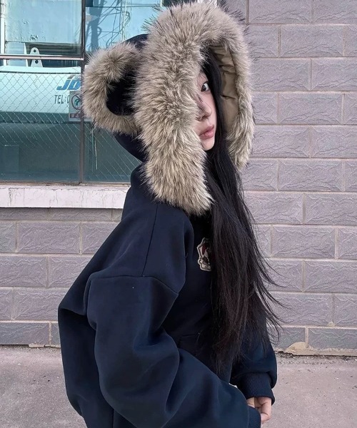 秋冬新作】 ファー付きフードゆったり パーカー Y2K（パーカー