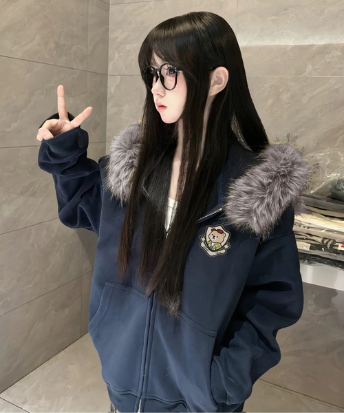 秋冬新作】 ファー付きフードゆったり パーカー Y2K（パーカー