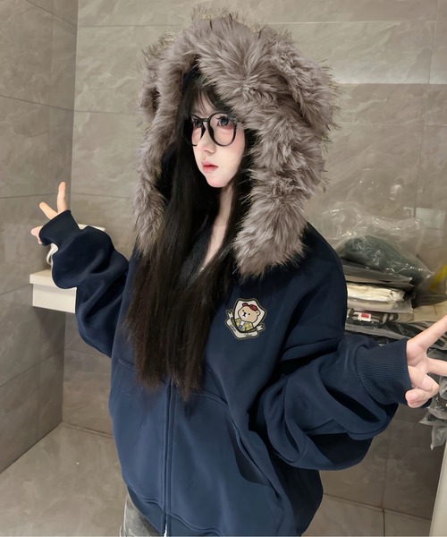 秋冬新作】 ファー付きフードゆったり パーカー Y2K（パーカー