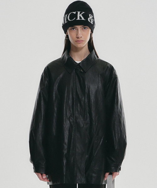 HIDDEN BUTTON MIDI LEATHER JACKET_BLACK（ライダースジャケット