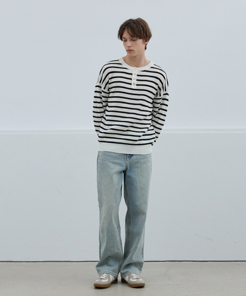 NODU（ノードユー）の「ボタンポイントストライプヘンリーネックラウンドニットTシャツ[アイボリー]（Tシャツ/カットソー・メンズ・その他・MEDIUM/LARGE）」の2枚目の写真