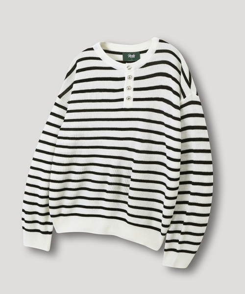 NODU（ノードユー）の「ボタンポイントストライプヘンリーネックラウンドニットTシャツ[アイボリー]（Tシャツ/カットソー・メンズ・その他・MEDIUM/LARGE）」の5枚目の写真