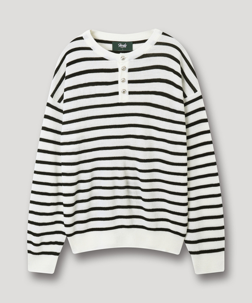 NODU（ノードユー）の「ボタンポイントストライプヘンリーネックラウンドニットTシャツ[アイボリー]（Tシャツ/カットソー・メンズ・その他・MEDIUM/LARGE）」の6枚目の写真