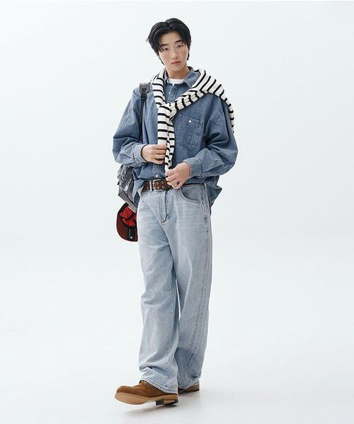 NODU（ノードユー）の「ボタンポイントストライプヘンリーネックラウンドニットTシャツ[アイボリー]（Tシャツ/カットソー・メンズ・その他・MEDIUM/LARGE）」の8枚目の写真