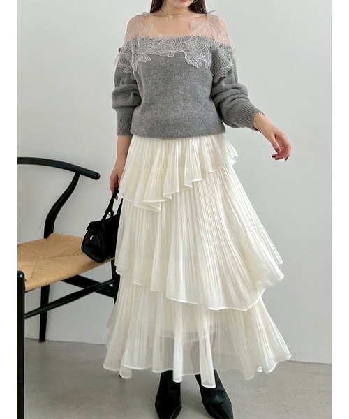 SNIDEL（スナイデル）の「Sustainableプリーツティアードロングスカート（スカート・レディース・チャコールグレー/アイボリー/ドット・0/1）」の2枚目の写真