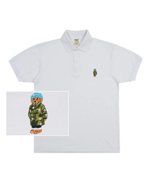 GRAVER（グレーバー）の「[UNISEX] Blue Beanie Dog Embroidery Striper Pique Short Sleeve T-shirt_White（ポロシャツ・メンズ）」