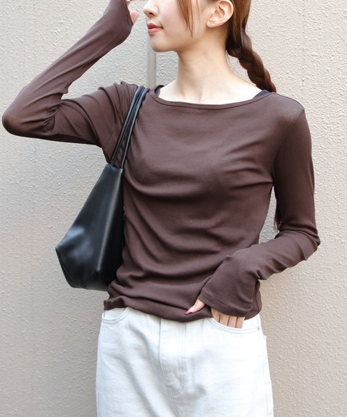 THE SHINZONE(ザ シンゾーン)の「THE SHINZONE/シンゾーン シアーリブロングスリーブTEE SHEER RIB LONG SLEEVE TEE 26SMSCU07(Tシャツ/カットソー・レディース・ネイビー/ブラウン/ブラック・FREE)」の3枚目の写真