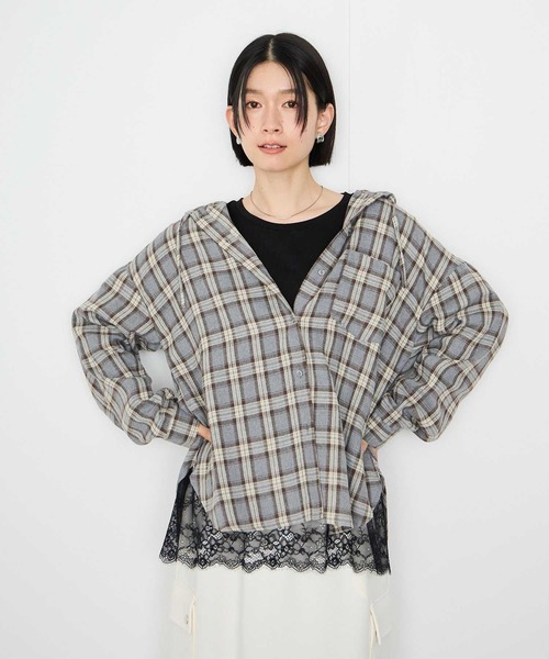 Mac-House(マックハウス)の「Idnes フードネルチェックシャツ(シャツ/ブラウス・レディース・グレー系1/グレー系2/ブラウン系・FREE)」の1枚目の写真