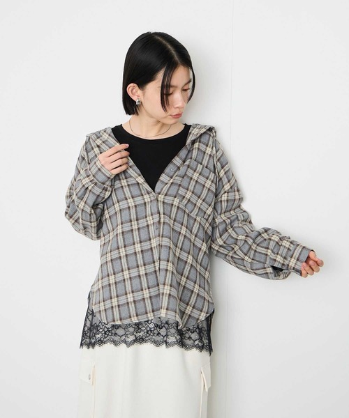 Mac-House(マックハウス)の「Idnes フードネルチェックシャツ(シャツ/ブラウス・レディース・グレー系1/グレー系2/ブラウン系・FREE)」の12枚目の写真