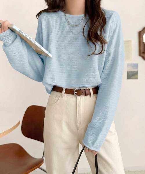 classicalelf(クラシカルエルフ)の「品のある透け感で、さりげない存在感を♪レーシージャガードドルマントップス(長袖)(Tシャツ/カットソー・レディース・チャコール/ベージュ/ブラック/グレイッシュベージュ/アイボリー/ブルー・LARGE/MEDIUM/SMALL/X-LARGE)」の9枚目の写真