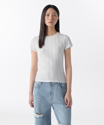 ウィメンズポイントレースクルーネックTシャツ[ホワイト]