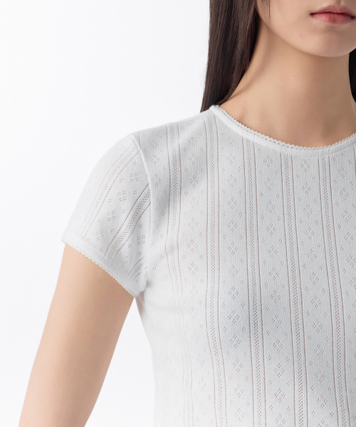 MUSINSA STANDARD WOMAN（ムシンサスタンダードウーマン）の「ウィメンズポイントレースクルーネックTシャツ[ホワイト]（Tシャツ/カットソー・レディース・その他・SMALL/MEDIUM/X-SMALL/LARGE/X-LARGE）」の4枚目の写真