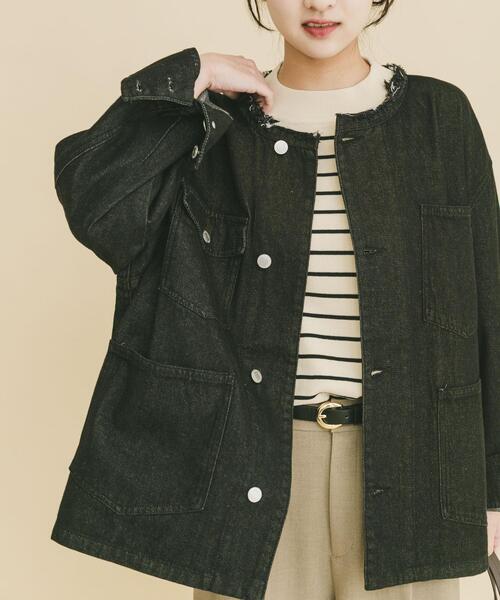 セール】デニムオーバーノーカラージャケット（デニムジャケット