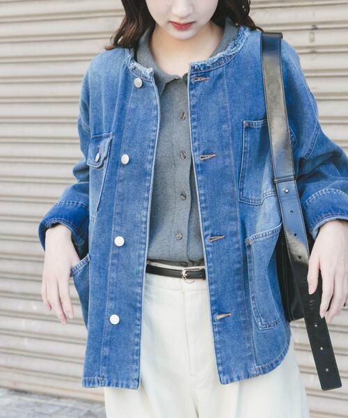 ITEMS URBANRESEARCH（アイテムズ アーバンリサーチ）の「デニムオーバーノーカラージャケット（デニムジャケット・レディース・ブラック/グレー/ブルー・FREE）」の5枚目の写真