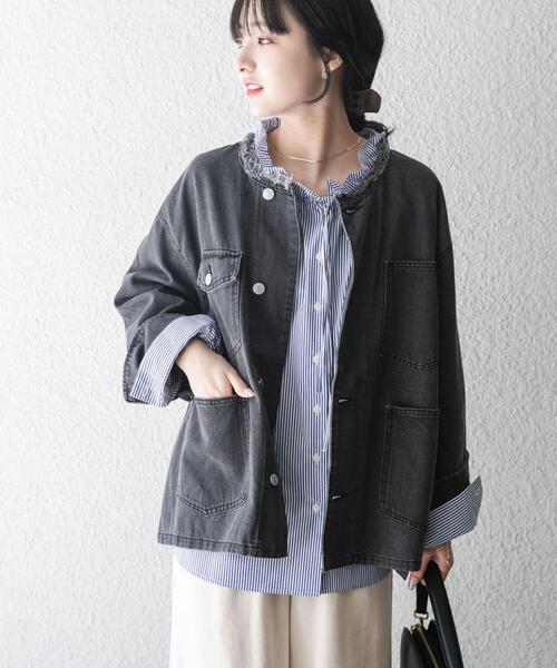 ITEMS URBANRESEARCH（アイテムズ アーバンリサーチ）の「デニムオーバーノーカラージャケット（デニムジャケット・レディース・ブラック/グレー/ブルー・FREE）」の12枚目の写真