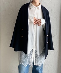 長袖 裾レースドッキング ロングシャツ ブラウス