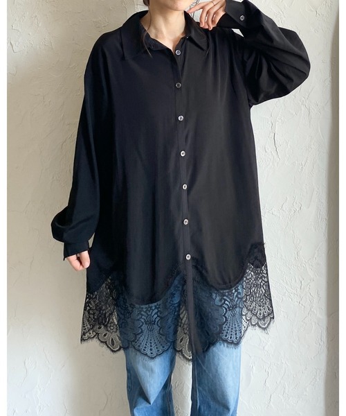 She's Closet(シーズクローゼット)の「長袖 裾レースドッキング ロングシャツ ブラウス(シャツ/ブラウス・レディース・ホワイト/ブラック・FREE)」の2枚目の写真