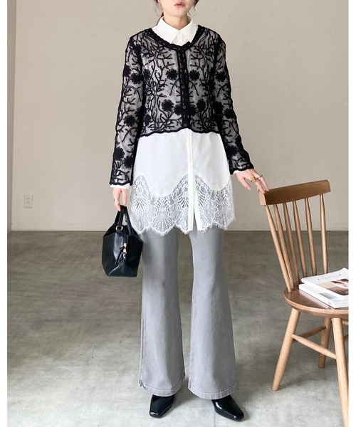She's Closet(シーズクローゼット)の「長袖 裾レースドッキング ロングシャツ ブラウス(シャツ/ブラウス・レディース・ホワイト/ブラック・FREE)」の10枚目の写真