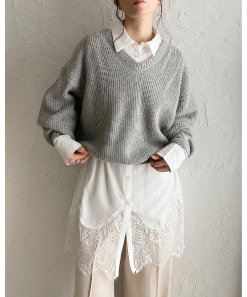 She's Closet(シーズクローゼット)の「長袖 裾レースドッキング ロングシャツ ブラウス(シャツ/ブラウス・レディース・ホワイト/ブラック・FREE)」の4枚目の写真