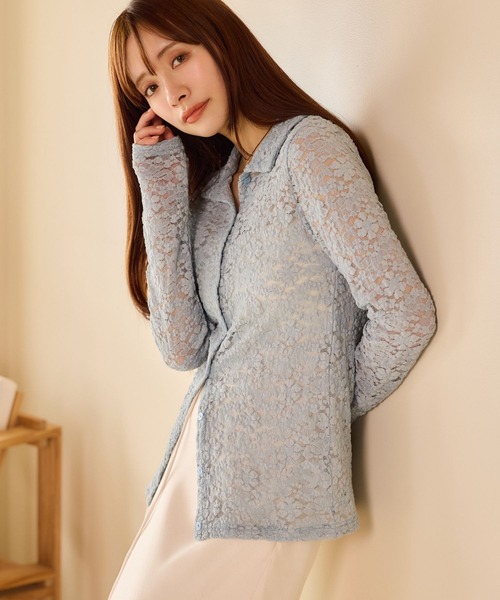 mysty woman（ミスティウーマン）の「【WEB限定】透かしフラワーポロカーディガン　667611（Tシャツ/カットソー・レディース・サックスブルー/ブラック/アイボリー・FREE）」の6枚目の写真