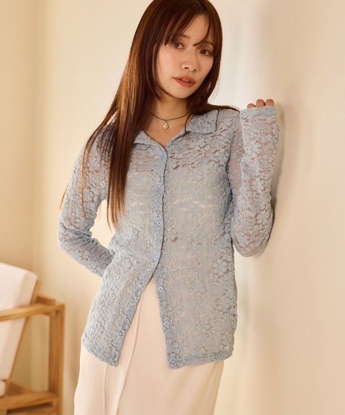 mysty woman（ミスティウーマン）の「【WEB限定】透かしフラワーポロカーディガン　667611（Tシャツ/カットソー・レディース・サックスブルー/ブラック/アイボリー・FREE）」の7枚目の写真