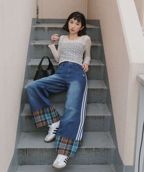adidas/アディダス チェック シーム付きビンテージ ワイド レッグ