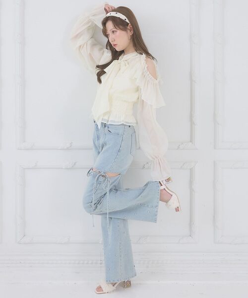 MAJESTIC LEGON（マジェスティックレゴン）の「アメスリフリルリボンブラウス（シャツ/ブラウス・レディース・アイボリー/ミント/ピンク/ライトグレー・MEDIUM）」の7枚目の写真