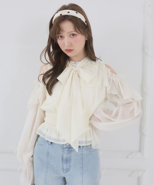 MAJESTIC LEGON（マジェスティックレゴン）の「アメスリフリルリボンブラウス（シャツ/ブラウス・レディース・アイボリー/ミント/ピンク/ライトグレー・MEDIUM）」の9枚目の写真