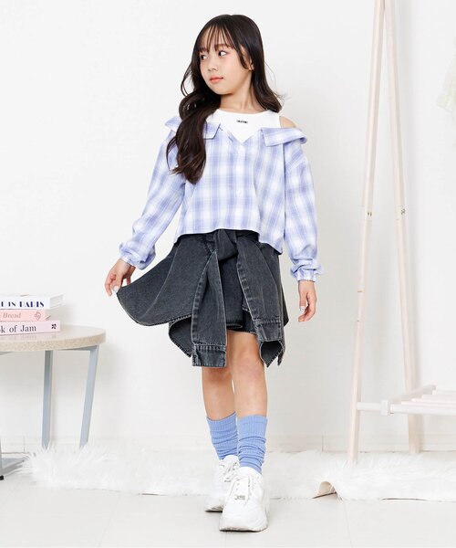 algy(アルジー)の「シャツ巻き風デニムキュロット(デニムパンツ・キッズ・ブラック/サックスブルー・150/160/130/140)」の15枚目の写真
