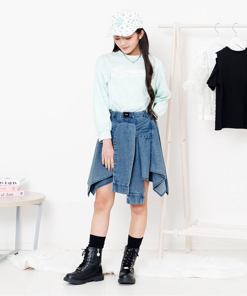 algy(アルジー)の「シャツ巻き風デニムキュロット(デニムパンツ・キッズ・ブラック/サックスブルー・150/160/130/140)」の14枚目の写真