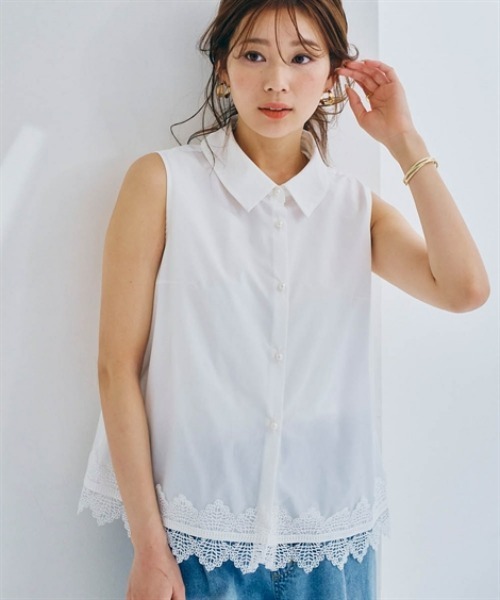 nissen(ニッセン)の「裾レースノースリーブブラウス(シャツ/ブラウス・レディース・ネイビー/オフホワイト・LL/L/M/S)」の3枚目の写真
